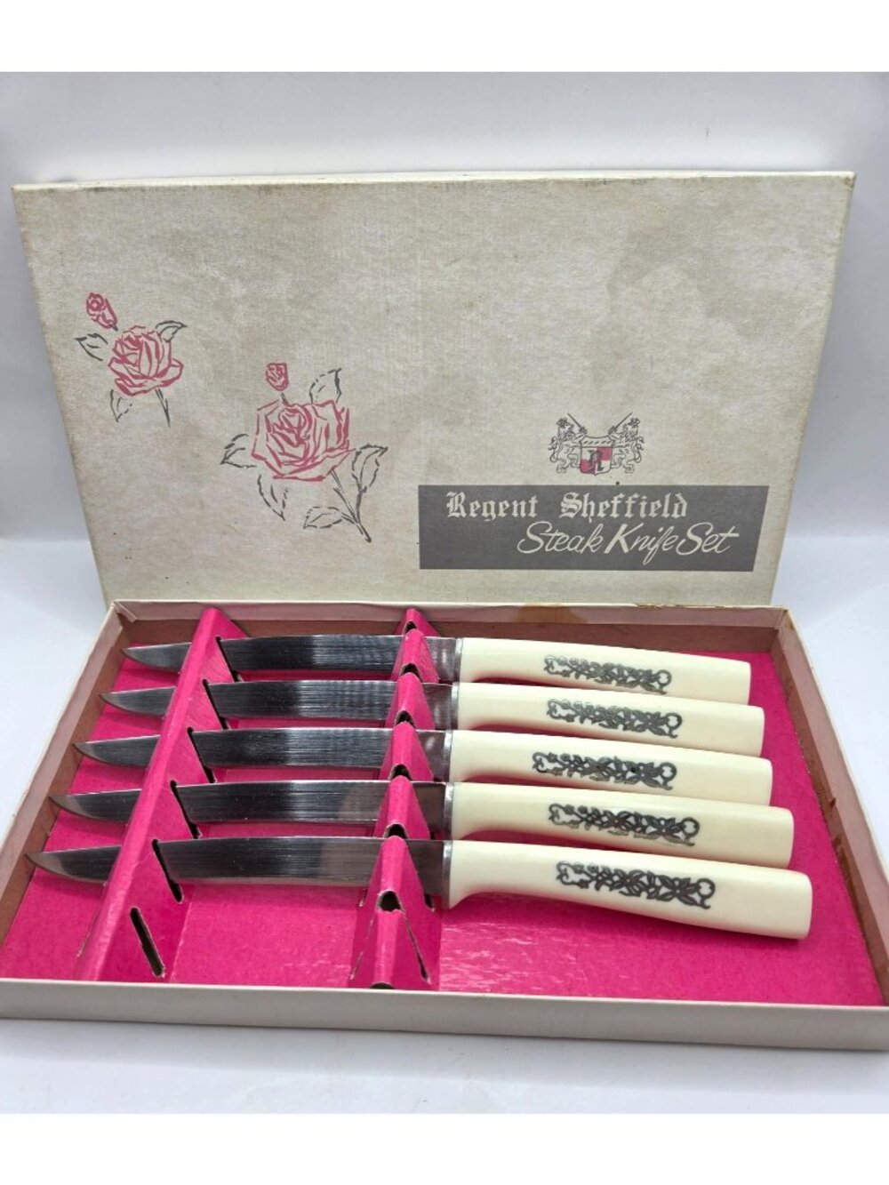 Vtg Regent Sheffield Vintage Steak Knife Set of 5 Ornate Handles In Original Box